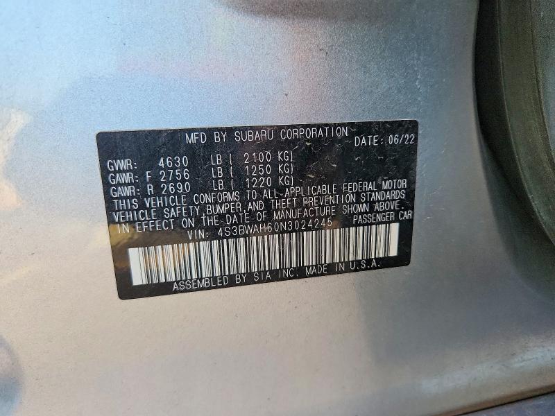 Aukcja sprzedaży 2022 Subaru Legacy, vin: 4S3BWAH60N3024245, numer aukcji: 59965986