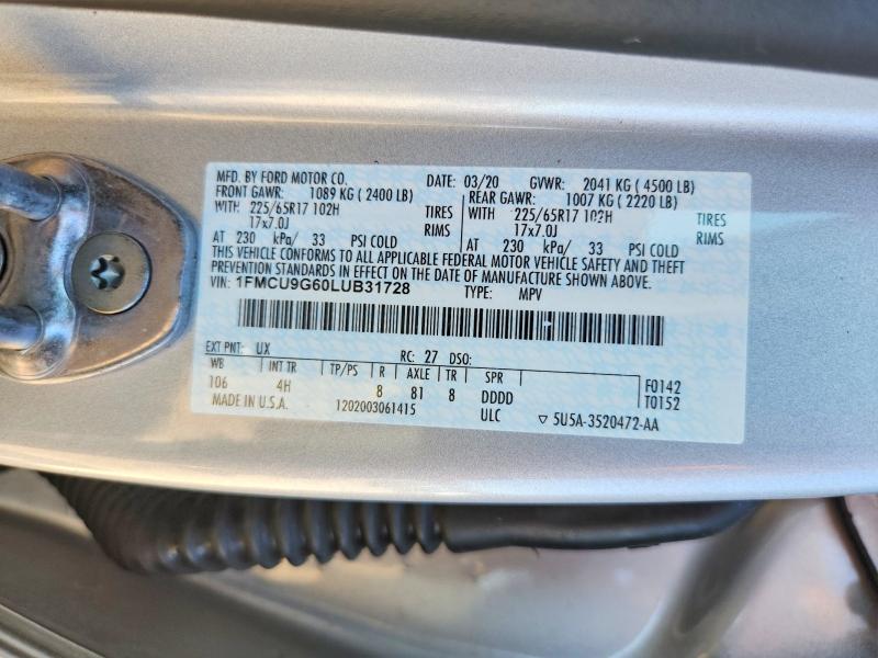 Aukcja sprzedaży 2020 Ford Escape, vin: 1FMCU9G60LUB31728, numer aukcji: 61115996