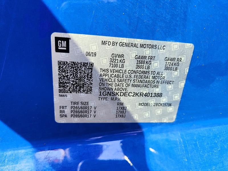 Aukcja sprzedaży 2019 Chevrolet Tahoe, vin: 1GNSKDEC2KR401388, numer aukcji: 60944326