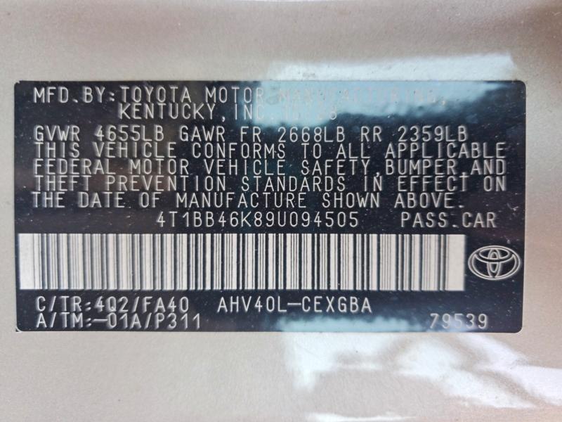Продажа на аукционе авто 2009 Toyota Camry, vin: 4T1BB46K89U094505, номер лота: 61046886