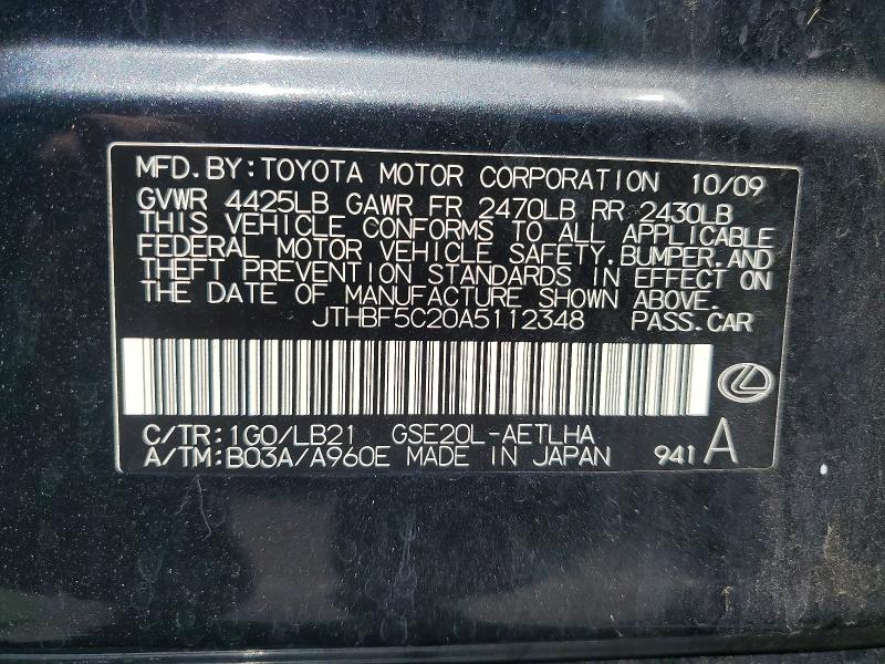 61056006 :رقم المزاد ، JTHBF5C20A5112348 vin ، 2010 Lexus Is مزاد بيع
