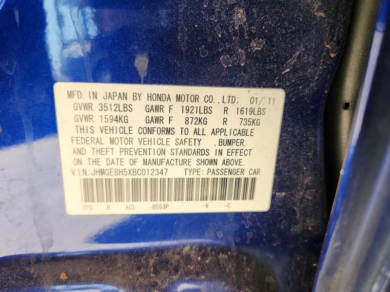 2011 Honda Fit მანქანა იყიდება აუქციონზე, vin: JHMGE8H5XBC012347, აუქციონის ნომერი: 62528116