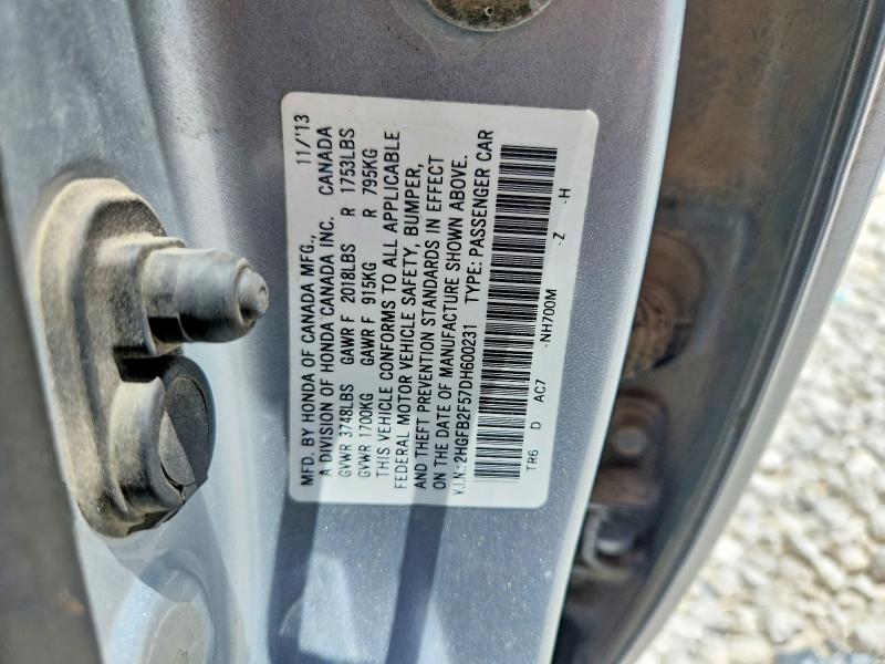 Продажа на аукционе авто 2013 Honda Civic, vin: 2HGFB2F57DH600231, номер лота: 59838006