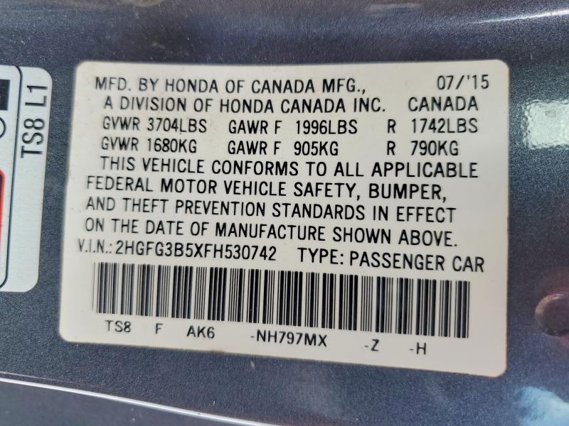 Продаж на аукціоні авто 2015 Honda Civic, vin: 2HGFG3B5XFH530742, номер лоту: 60596166
