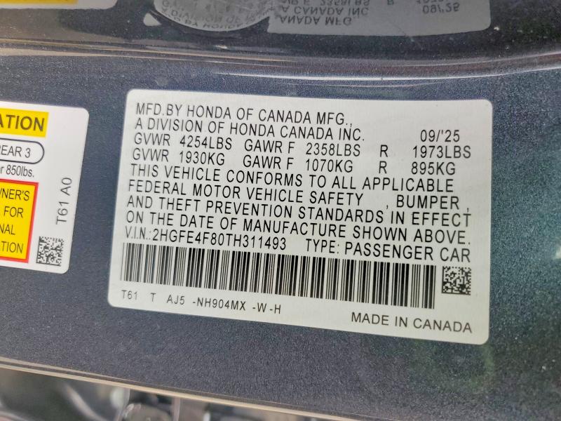 62027936 :رقم المزاد ، 2HGFE4F80TH311493 vin ، 2026 Honda Civic مزاد بيع