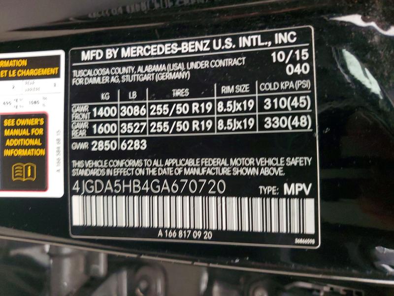 Aukcja sprzedaży 2016 Mercedes-benz Gle, vin: 4JGDA5HB4GA670720, numer aukcji: 59953236