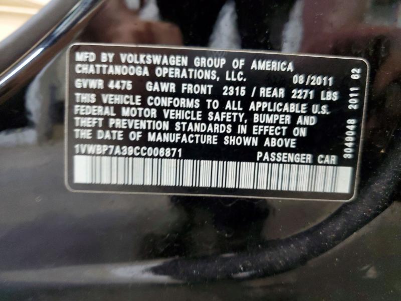 Продажа на аукционе авто 2012 Volkswagen Passat, vin: 1VWBP7A39CC006871, номер лота: 59353286
