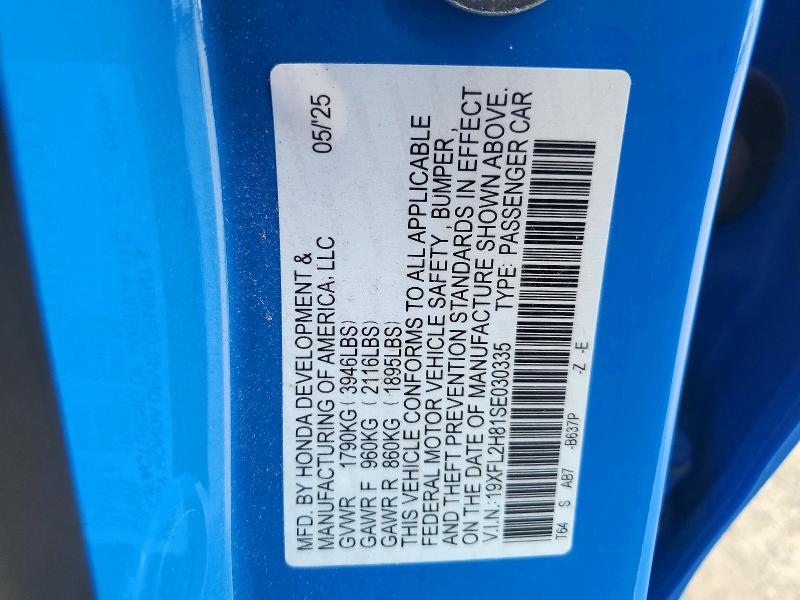 Продажа на аукционе авто 2025 Honda Civic, vin: 19XFL2H81SE030335, номер лота: 61576026