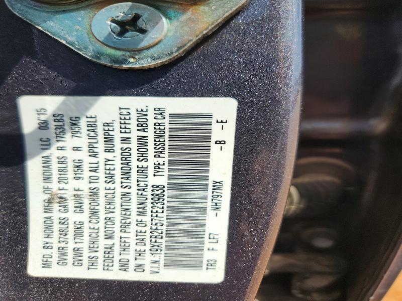 61625056 :رقم المزاد ، 19XFB2F57FE239838 vin ، 2015 Honda Civic مزاد بيع
