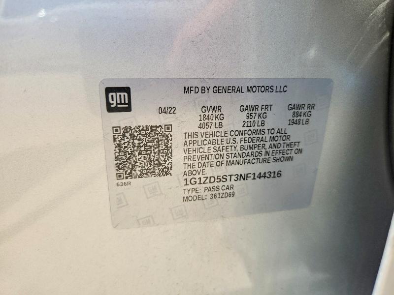 60851396 :رقم المزاد ، 1G1ZD5ST3NF144316 vin ، 2022 Chevrolet Malibu مزاد بيع