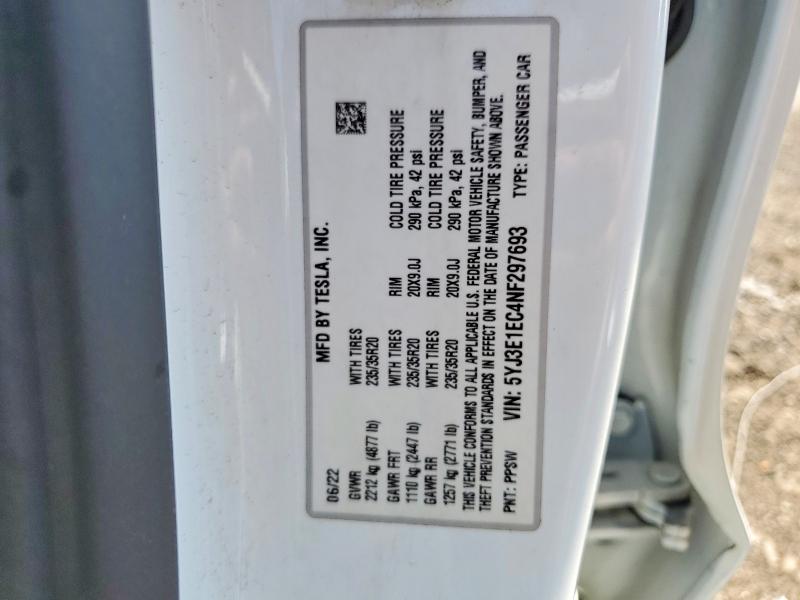Aukcja sprzedaży 2022 Tesla Model 3, vin: 5YJ3E1EC4NF297693, numer aukcji: 60633466