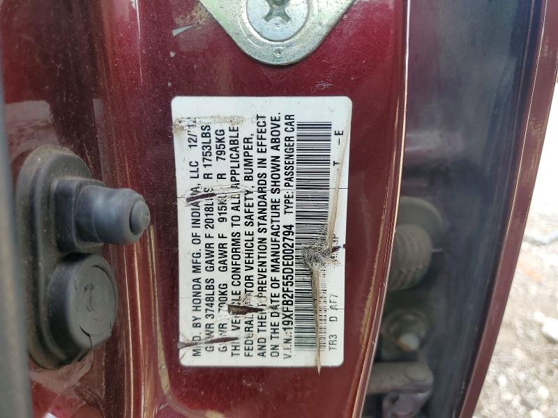 Продаж на аукціоні авто 2013 Honda Civic, vin: 19XFB2F55DE002794, номер лоту: 60228726