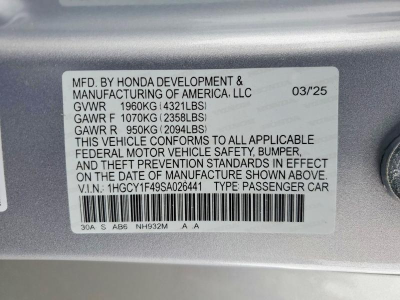 2025 Honda Accord მანქანა იყიდება აუქციონზე, vin: 1HGCY1F49SA026441, აუქციონის ნომერი: 62748626