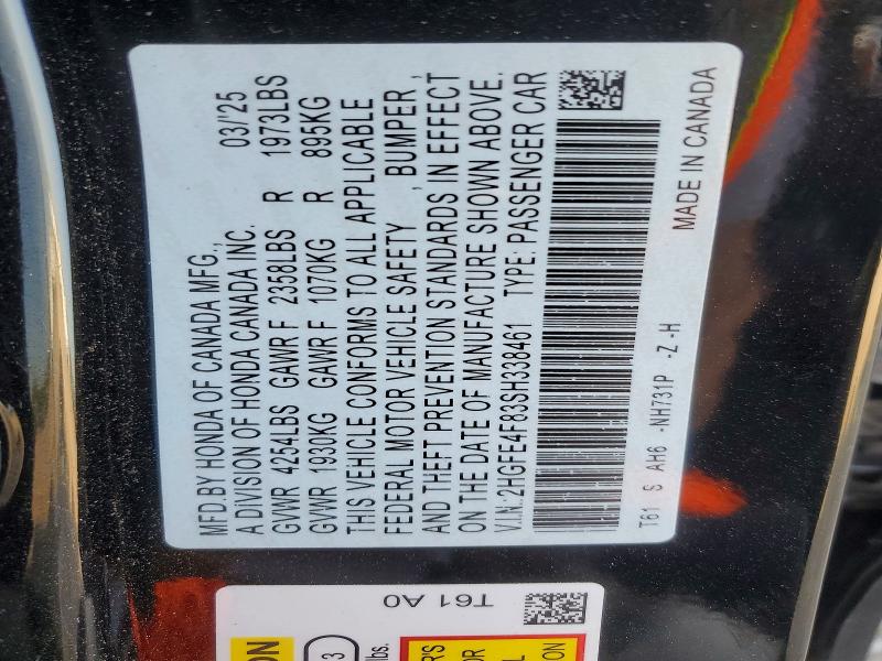 62710066 :رقم المزاد ، 2HGFE4F83SH338461 vin ، 2025 Honda Civic مزاد بيع