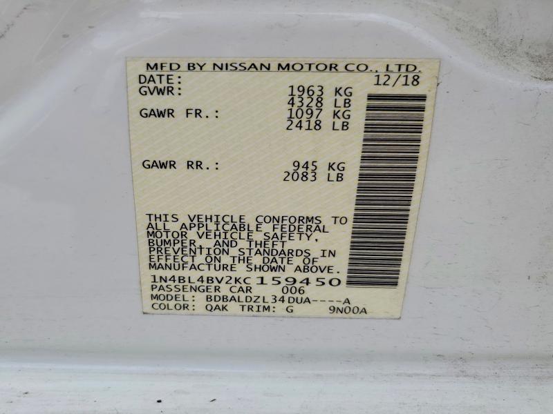 2019 Nissan Altima მანქანა იყიდება აუქციონზე, vin: 1N4BL4BV2KC159450, აუქციონის ნომერი: 62652456