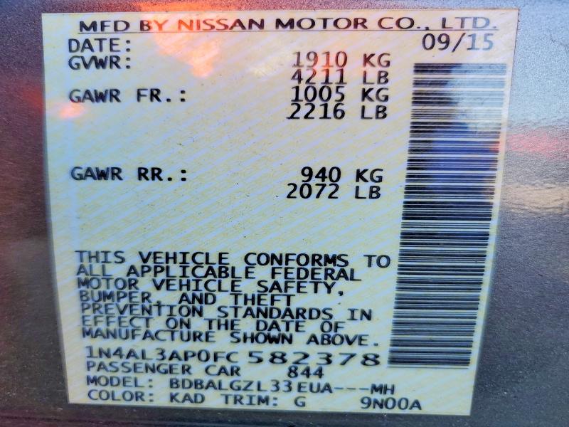 2015 Nissan Altima მანქანა იყიდება აუქციონზე, vin: 1N4AL3AP0FC582378, აუქციონის ნომერი: 63182936
