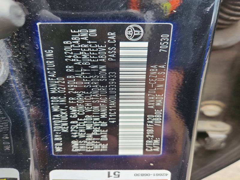 2020 Toyota Camry მანქანა იყიდება აუქციონზე, vin: 4T1C11AK0LU939433, აუქციონის ნომერი: 63253396
