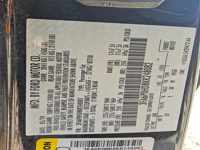 Aukcja sprzedaży 2019 Ford Fusion, vin: 3FA6P0HD8KR248082, numer aukcji: 62273386