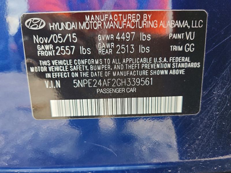 2016 Hyundai Sonata მანქანა იყიდება აუქციონზე, vin: 5NPE24AF2GH339561, აუქციონის ნომერი: 62720266