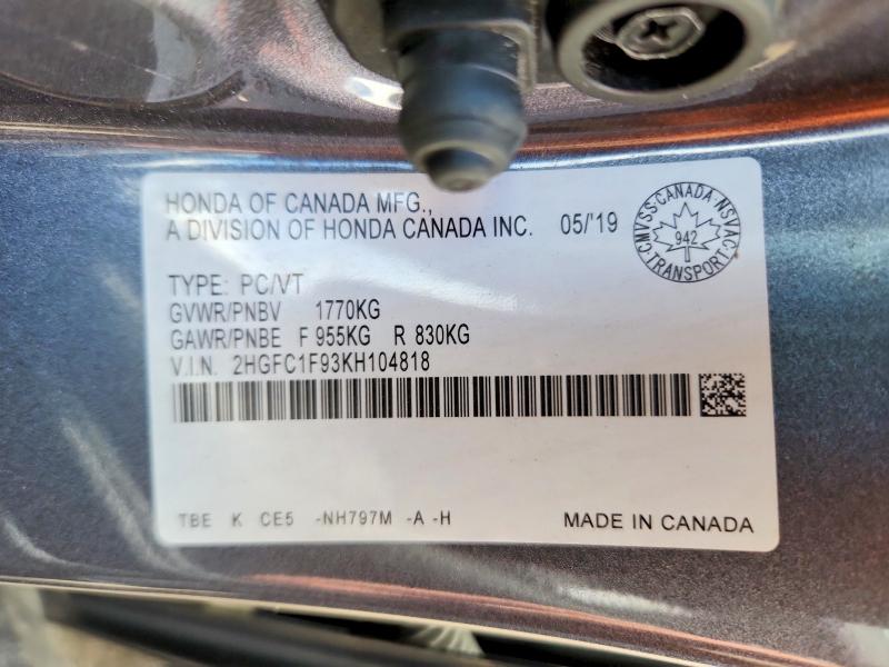 Продаж на аукціоні авто 2019 Honda Civic, vin: 2HGFC1F93KH104818, номер лоту: 59674686