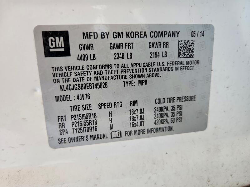 2014 Buick Encore მანქანა იყიდება აუქციონზე, vin: KL4CJGSB0EB745628, აუქციონის ნომერი: 59735416