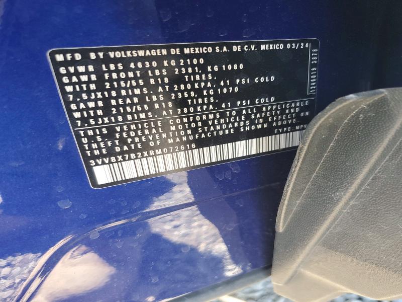 59957456 :رقم المزاد ، 3VV8X7B2XRM072616 vin ، 2024 Volkswagen Taos مزاد بيع