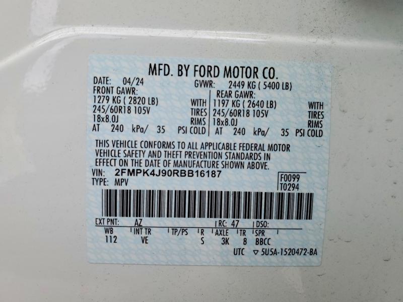 60580836 :رقم المزاد ، 2FMPK4J90RBB16187 vin ، 2024 Ford Edge مزاد بيع