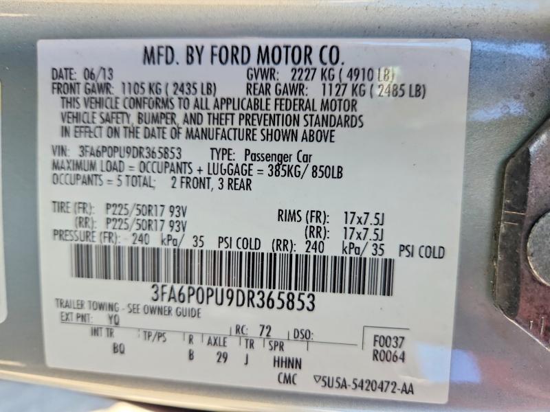 2013 Ford Fusion მანქანა იყიდება აუქციონზე, vin: 3FA6P0PU9DR365853, აუქციონის ნომერი: 62443166