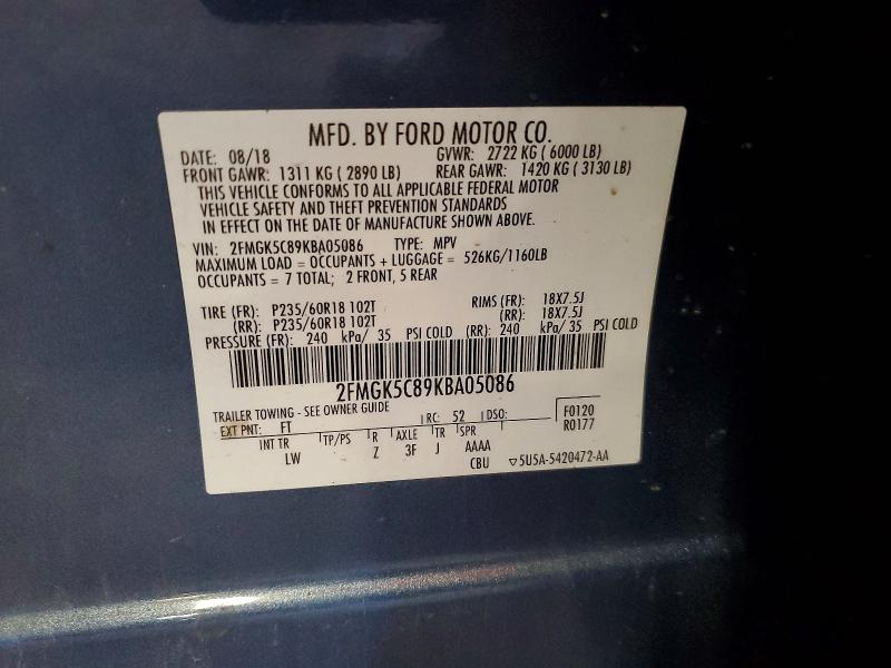 59946736 :رقم المزاد ، 2FMGK5C89KBA05086 vin ، 2019 Ford Flex مزاد بيع