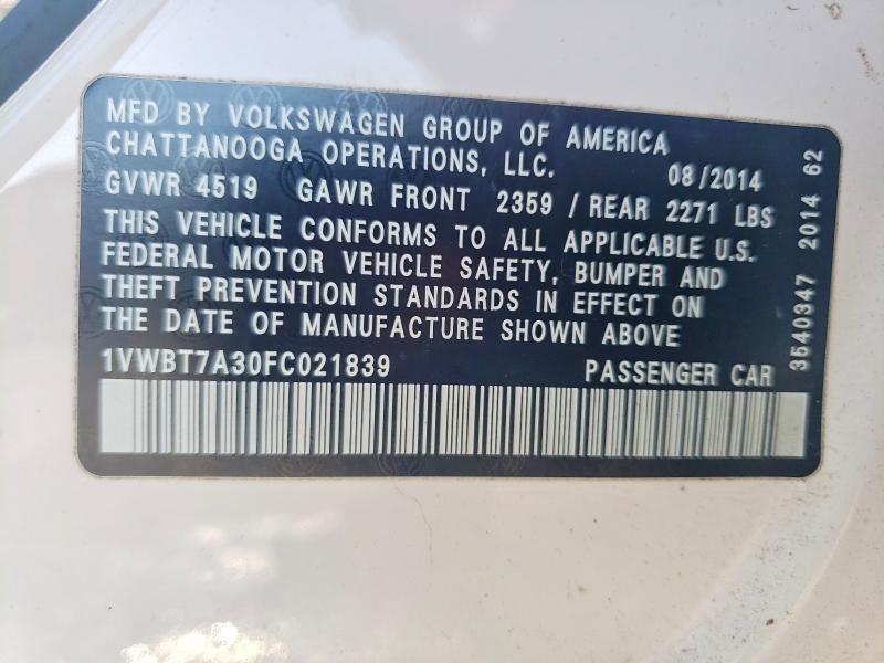 2015 Volkswagen Passat მანქანა იყიდება აუქციონზე, vin: 1VWBT7A30FC021839, აუქციონის ნომერი: 60370216
