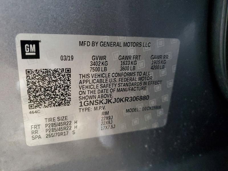 2019 Chevrolet Suburban მანქანა იყიდება აუქციონზე, vin: 1GNSKJKJ0KR306880, აუქციონის ნომერი: 60222166
