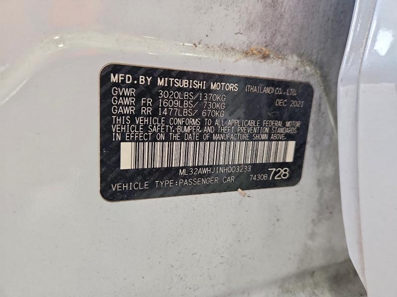 62500676 :رقم المزاد ، ML32AWHJ1NH003233 vin ، 2022 Mitsubishi Mirage مزاد بيع
