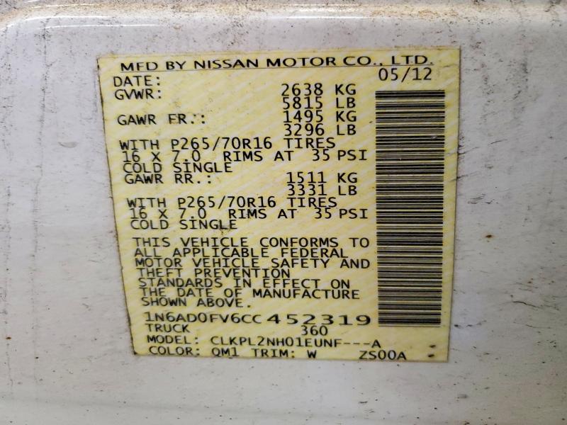 2012 Nissan Frontier მანქანა იყიდება აუქციონზე, vin: 1N6AD0FV6CC452319, აუქციონის ნომერი: 62504336