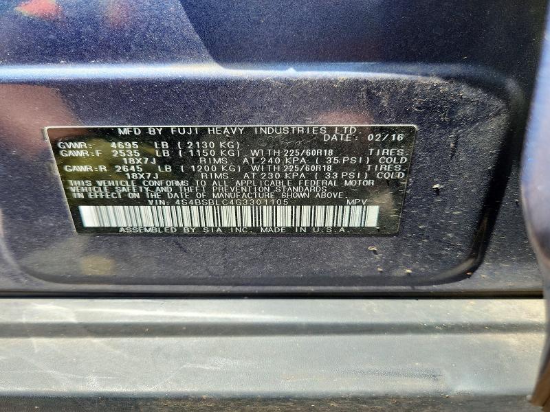 2016 Subaru Outback მანქანა იყიდება აუქციონზე, vin: 4S4BSBLC4G3301105, აუქციონის ნომერი: 61987366