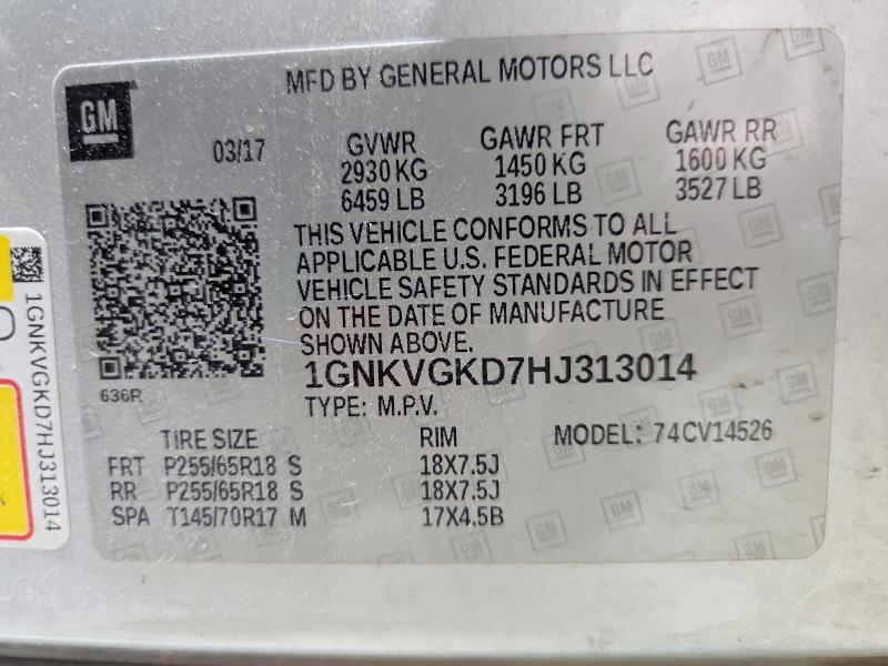 Aukcja sprzedaży 2017 Chevrolet Traverse, vin: 1GNKVGKD7HJ313014, numer aukcji: 61478646