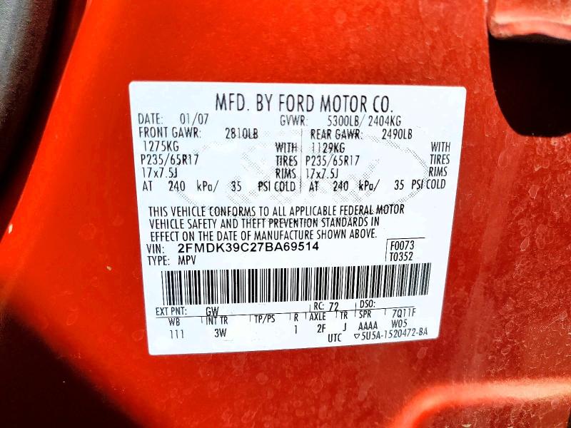Продаж на аукціоні авто 2007 Ford Edge, vin: 2FMDK39C27BA69514, номер лоту: 62702016