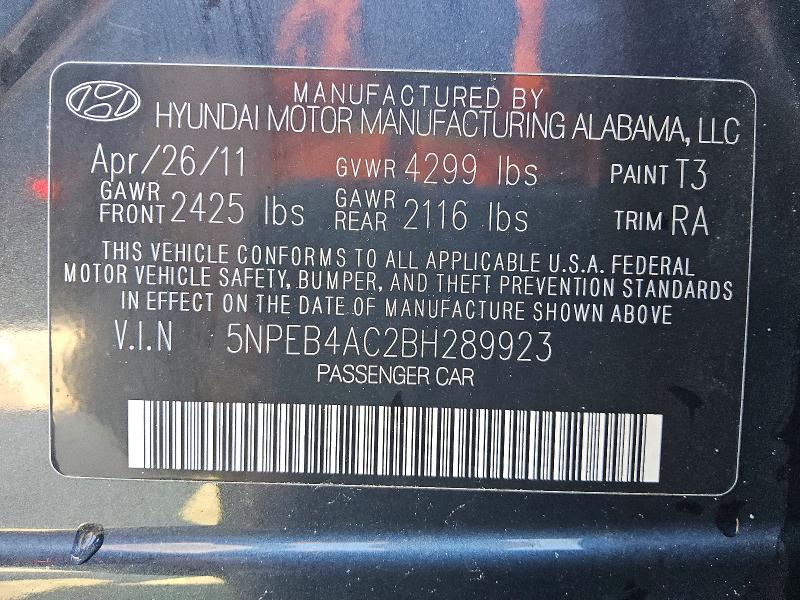 2011 Hyundai Sonata მანქანა იყიდება აუქციონზე, vin: 5NPEB4AC2BH289923, აუქციონის ნომერი: 85973745