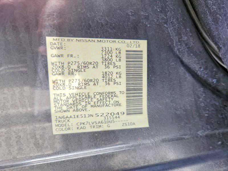Aukcja sprzedaży 2018 Nissan Titan, vin: 1N6AA1E51JN522049, numer aukcji: 58919516