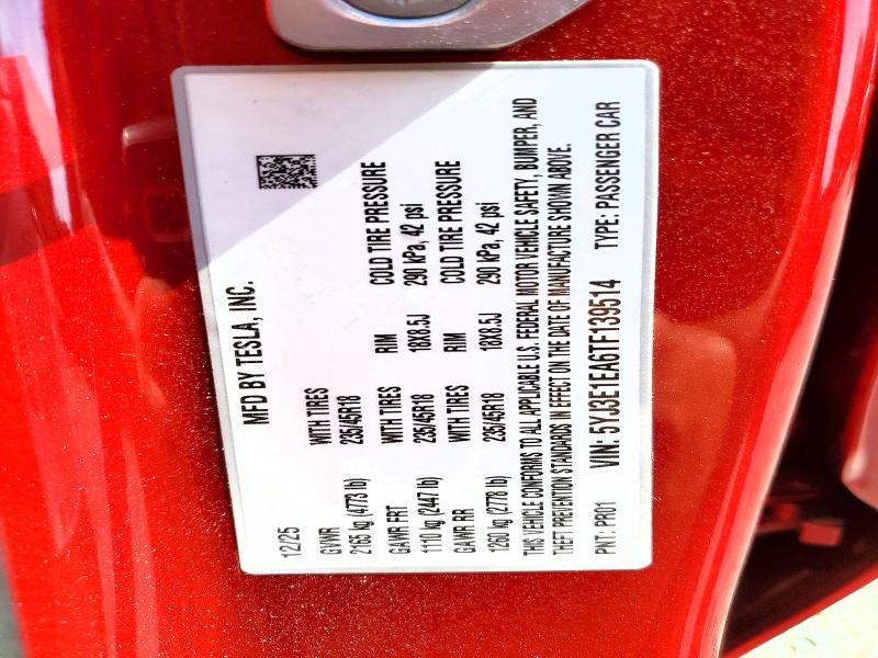 Aukcja sprzedaży 2026 Tesla Model 3, vin: 5YJ3E1EA6TF139514, numer aukcji: 61024206