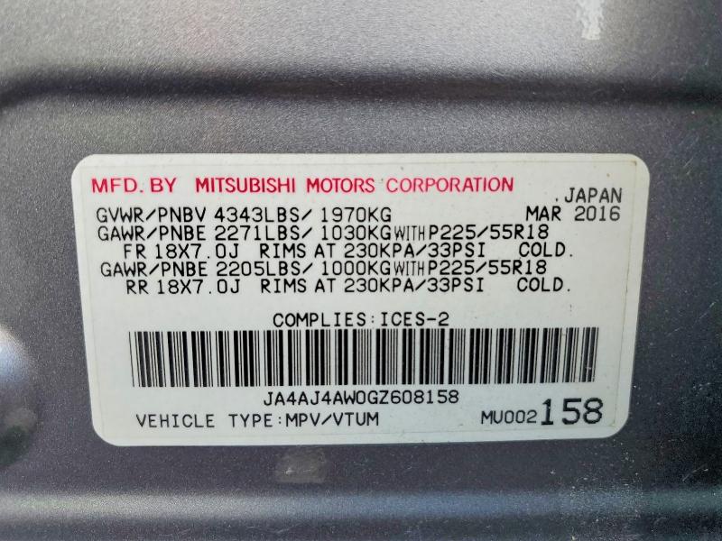60582246 :رقم المزاد ، JA4AJ4AW0GZ608158 vin ، 2016 Mitsubishi Rvr مزاد بيع