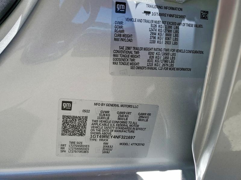 Aukcja sprzedaży 2022 Gmc Sierra, vin: 1GT49REY4NF321697, numer aukcji: 61338466