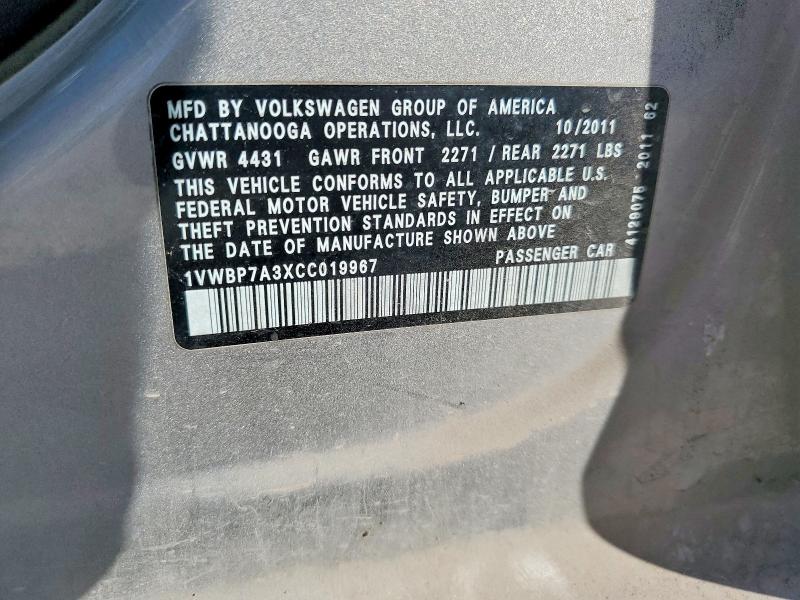 Aukcja sprzedaży 2012 Volkswagen Passat, vin: 1VWBP7A3XCC019967, numer aukcji: 59737606
