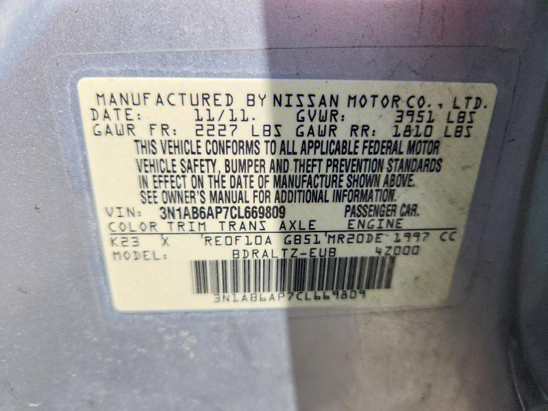 60796086 :رقم المزاد ، 3N1AB6AP7CL669809 vin ، 2012 Nissan Sentra مزاد بيع