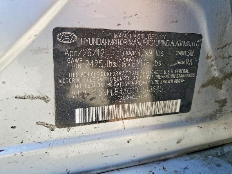 2013 Hyundai Sonata მანქანა იყიდება აუქციონზე, vin: 5NPEB4AC3DH518645, აუქციონის ნომერი: 59878746