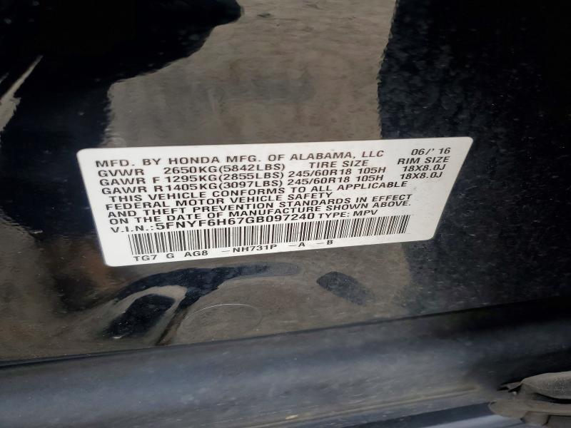 63140526 :رقم المزاد ، 5FNYF6H67GB097240 vin ، 2016 Honda Pilot مزاد بيع