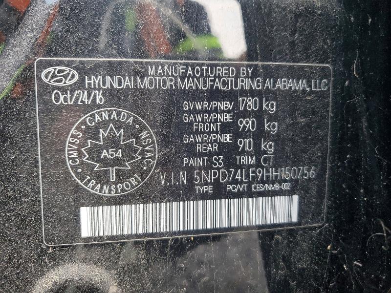 61965616 :رقم المزاد ، 5NPD74LF9HH150756 vin ، 2017 Hyundai Elantra مزاد بيع