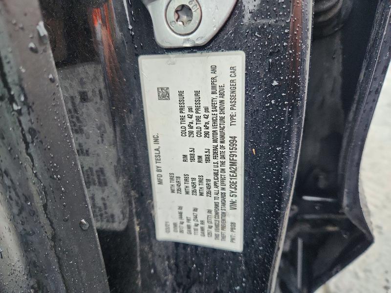 2021 Tesla Model 3 მანქანა იყიდება აუქციონზე, vin: 5YJ3E1EA2MF915994, აუქციონის ნომერი: 62279756
