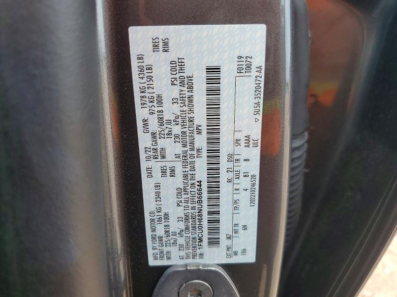 62047686 :رقم المزاد ، 1FMCU0H68NUB66644 vin ، 2022 Ford Escape مزاد بيع
