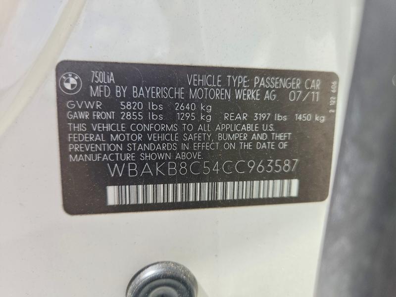 61620786 :رقم المزاد ، WBAKB8C54CC963587 vin ، 2012 Bmw 750 مزاد بيع