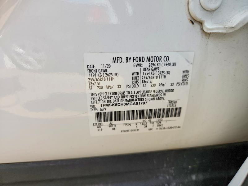 2021 Ford Explorer მანქანა იყიდება აუქციონზე, vin: 1FMSK8DH0MGA51797, აუქციონის ნომერი: 61703096